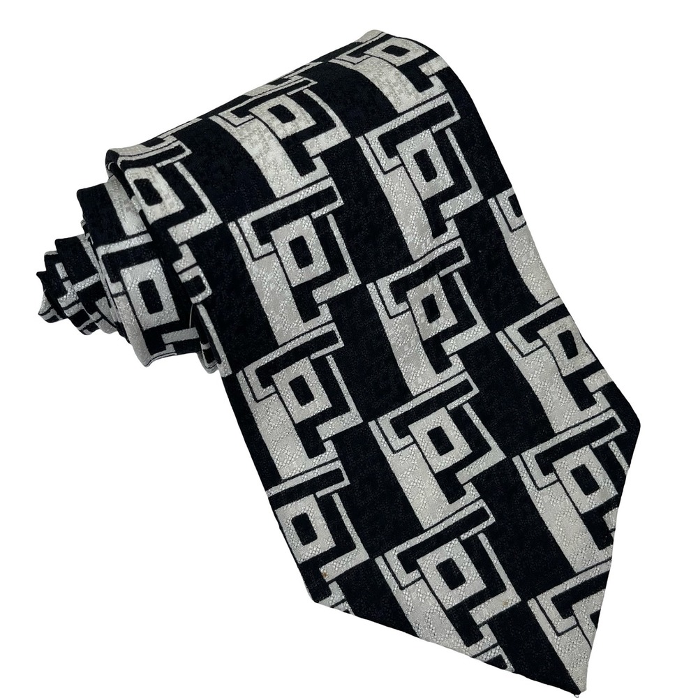 Vintage Cellini Silk Tie Necktie Men Black White Geometric Art Deco Abstract